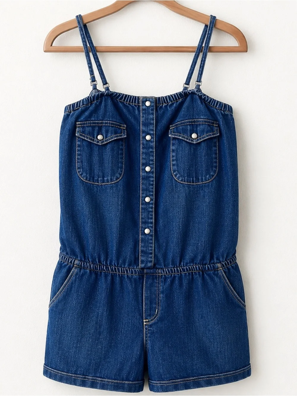Roxy  Blue Denim Romper Shorts casual relaxed summer strapless classic vacation